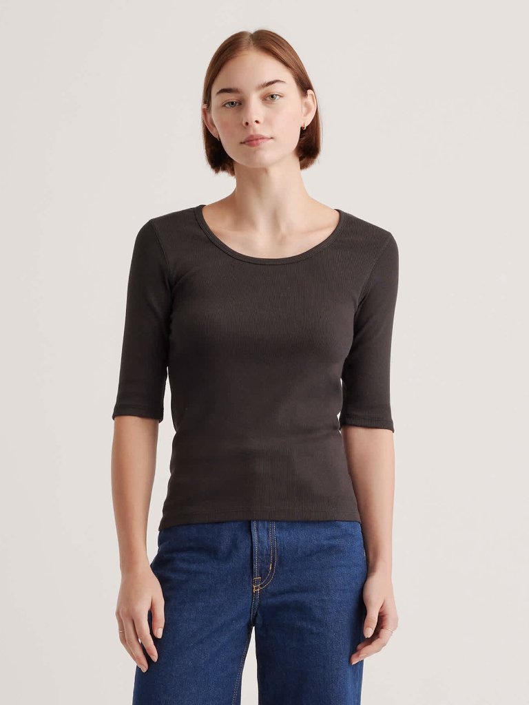 Quince Black Organic Cotton Elbow Sleeve Micro Rib Tee